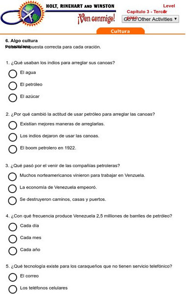 Holt, Rinehart and Winston: Ven Conmigo! Algo Cultura Venezolana, Capitulo 3 Unit Plan Holt, Rinehart and Winston: Ven Conmigo! Algo Cultura Venezolana, Capitulo 3 Unit Plan