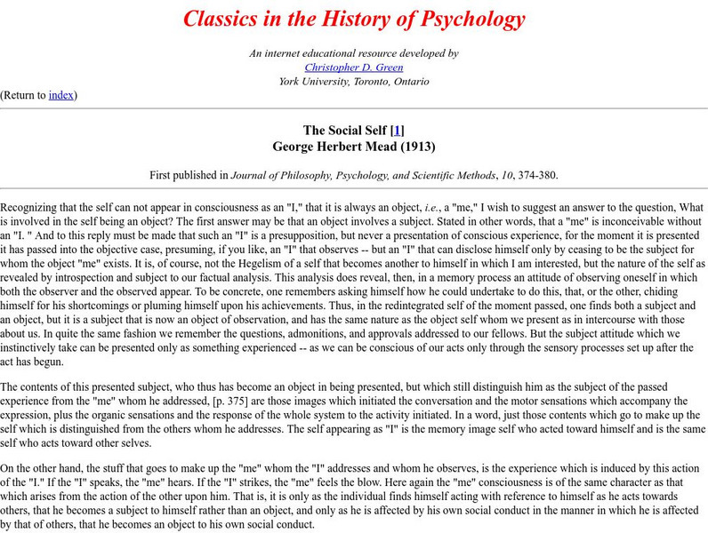 Classics in the History of Psychology: The Social Self Article