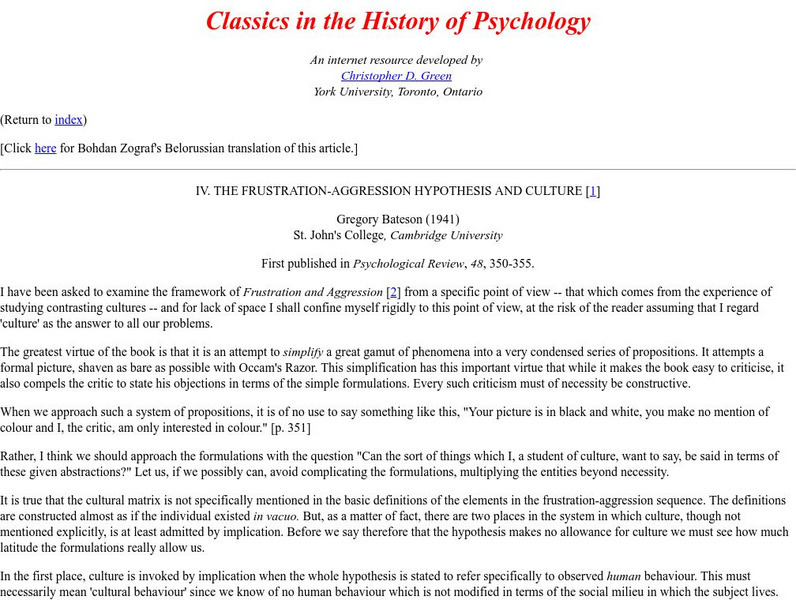 Classics History of Psychology: Frustration Aggression Hypothesis Culture Primary Classics History of Psychology: Frustration Aggression Hypothesis Culture Primary