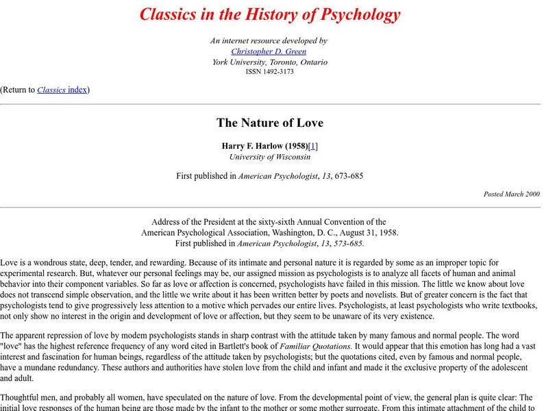 Classics in the History of Psychology: The Nature of Love Primary