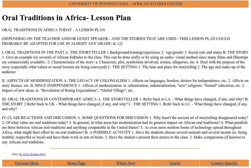 Upenn: Oral Traditions in Africa (Lesson Plan) Lesson Plan Upenn: Oral Traditions in Africa (Lesson Plan) Lesson Plan