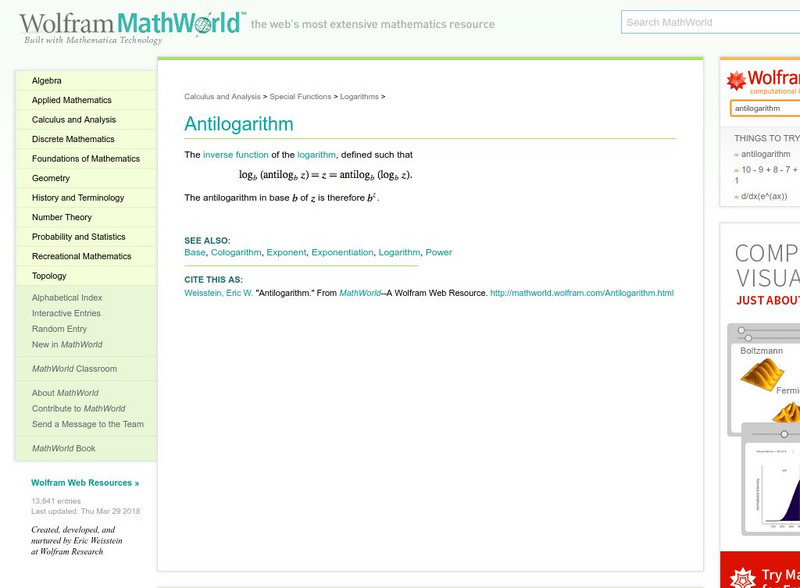 Wolfram Math World: Antilogarithm Handout