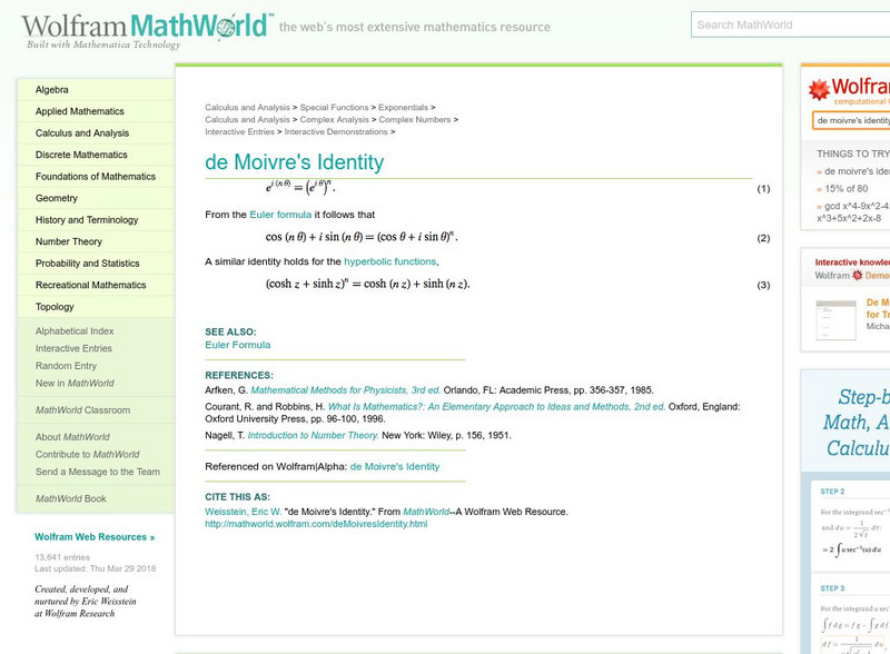 Wolfram Math World: De Moivre's Identity Handout Wolfram Math World: De Moivre's Identity Handout