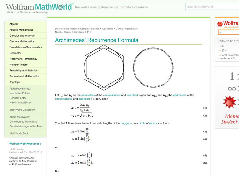 Wolfram Math World: Archimedes' Recurrence Formula Handout