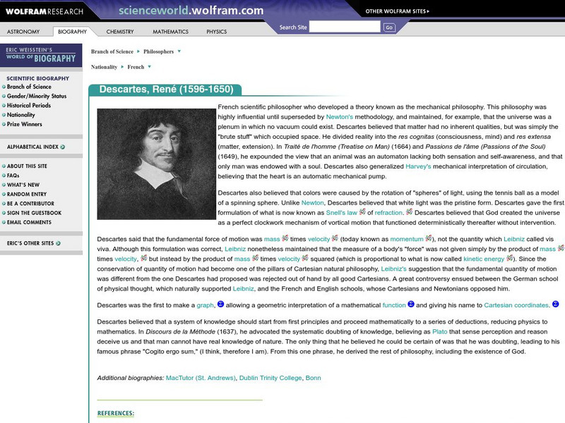 Wolfram Science World: Descartes, Rene (1596 1650) Handout Wolfram Science World: Descartes, Rene (1596 1650) Handout
