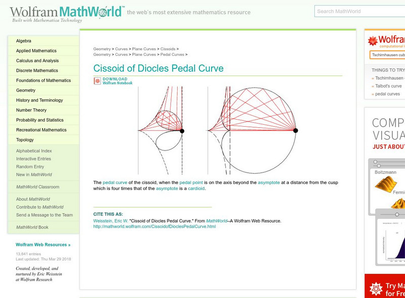 Wolfram Math World: Cissoid of Diocles Pedal Curve Handout