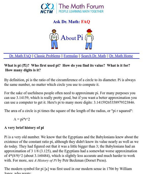 The Math Forum: Ask Dr. Math: About Pi Activity The Math Forum: Ask Dr. Math: About Pi Activity