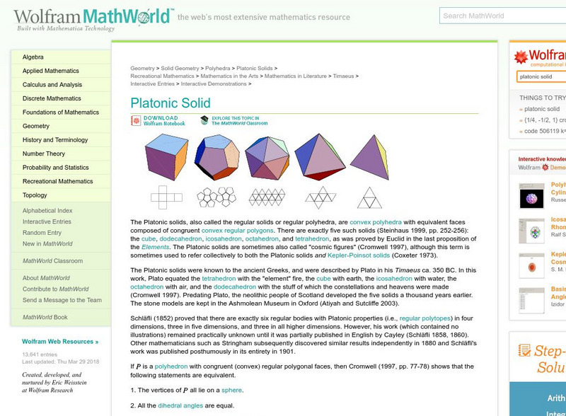 Wolfram Math World: Platonic Solids Handout Wolfram Math World: Platonic Solids Handout