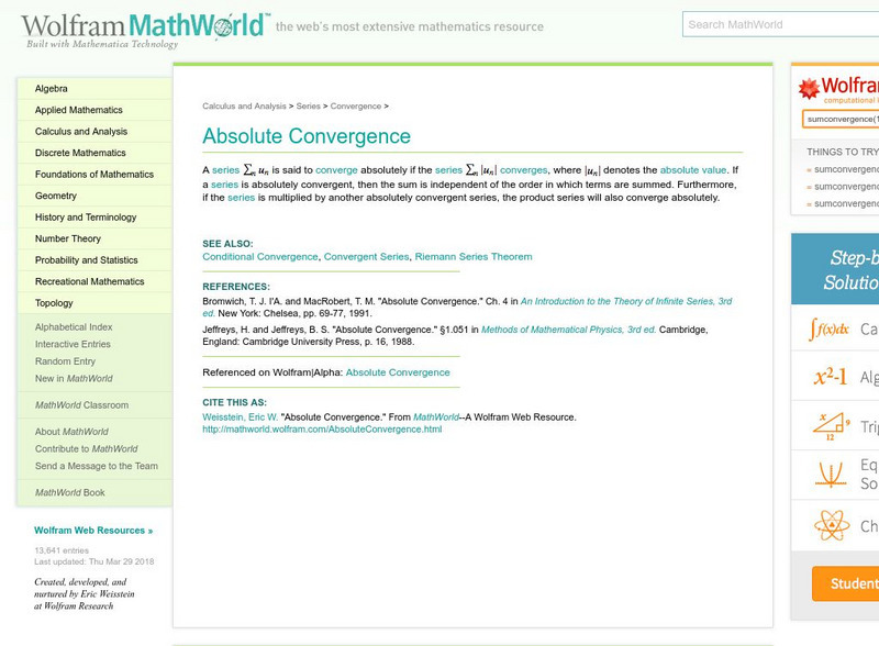 Wolfram Math World: Absolute Convergence Handout Wolfram Math World: Absolute Convergence Handout