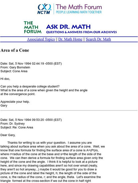 The Math Forum: Ask Dr. Math: Area of a Cone Unit Plan The Math Forum: Ask Dr. Math: Area of a Cone Unit Plan