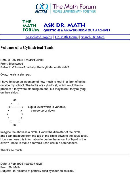 The Math Forum: Ask Dr. Math: Volume of a Cylindrical Tank Unit Plan The Math Forum: Ask Dr. Math: Volume of a Cylindrical Tank Unit Plan