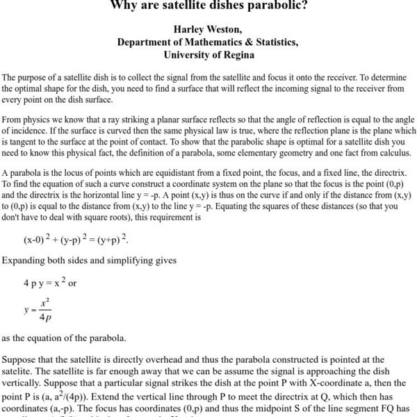 University of Regina: Math Central: Why Are Satellite Dishes Parabolic? Handout