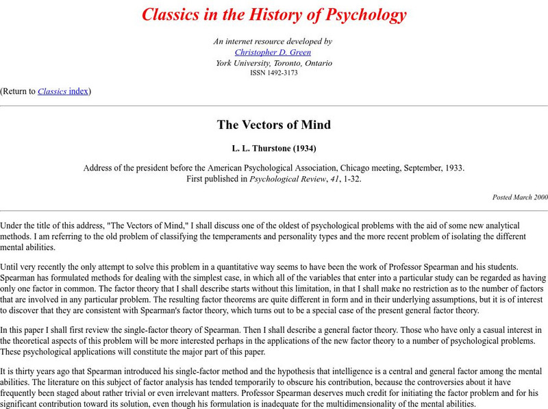 Classics in the History of Psychology: The Vectors of Mind Primary Classics in the History of Psychology: The Vectors of Mind Primary