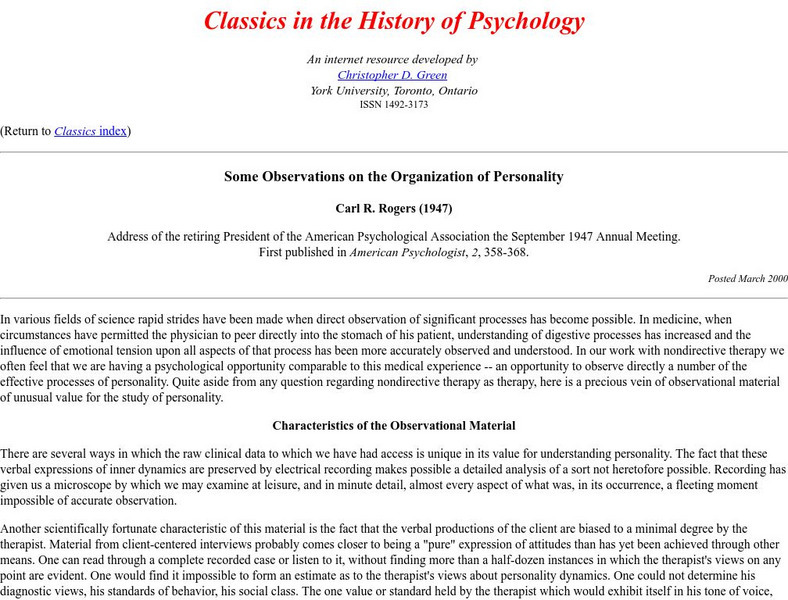 Classics History of Psychology: Observations on the Organization of Personality Primary Classics History of Psychology: Observations on the Organization of Personality Primary