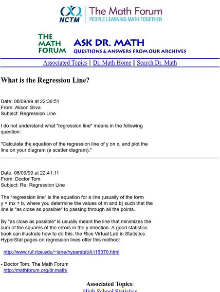 The Math Forum: Ask Dr. Math: What Is a Regression Line? Handout The Math Forum: Ask Dr. Math: What Is a Regression Line? Handout