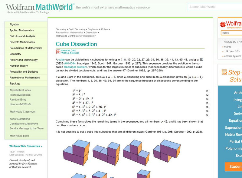 Wolfram Math World: Cube Dissection Handout Wolfram Math World: Cube Dissection Handout