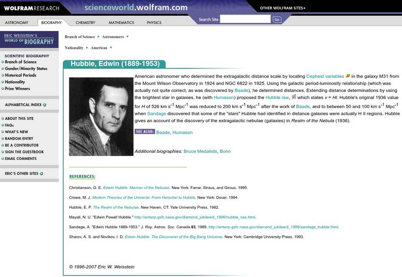 Wolfram Science World: Hubble, Edwin (1889 1953) Website Wolfram Science World: Hubble, Edwin (1889 1953) Website