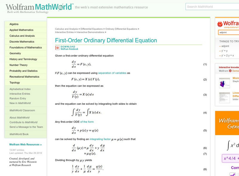 Wolfram Math World: First Order Ordinary Differential Equation Handout