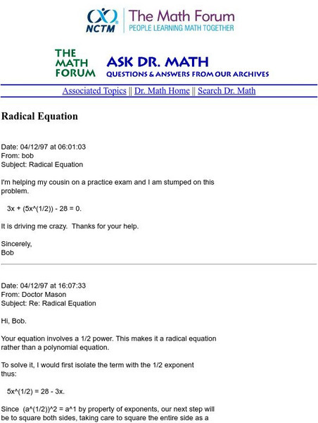 The Math Forum: Ask Dr. Math: Radical Equation Handout The Math Forum: Ask Dr. Math: Radical Equation Handout