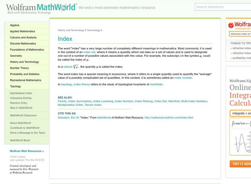 Wolfram Math World: Index Handout Wolfram Math World: Index Handout