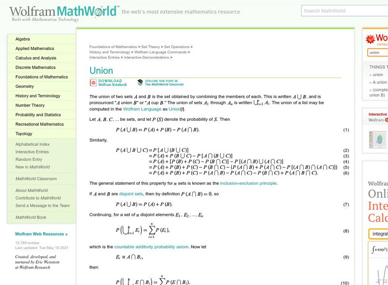 Wolfram Math World: Union Handout Wolfram Math World: Union Handout