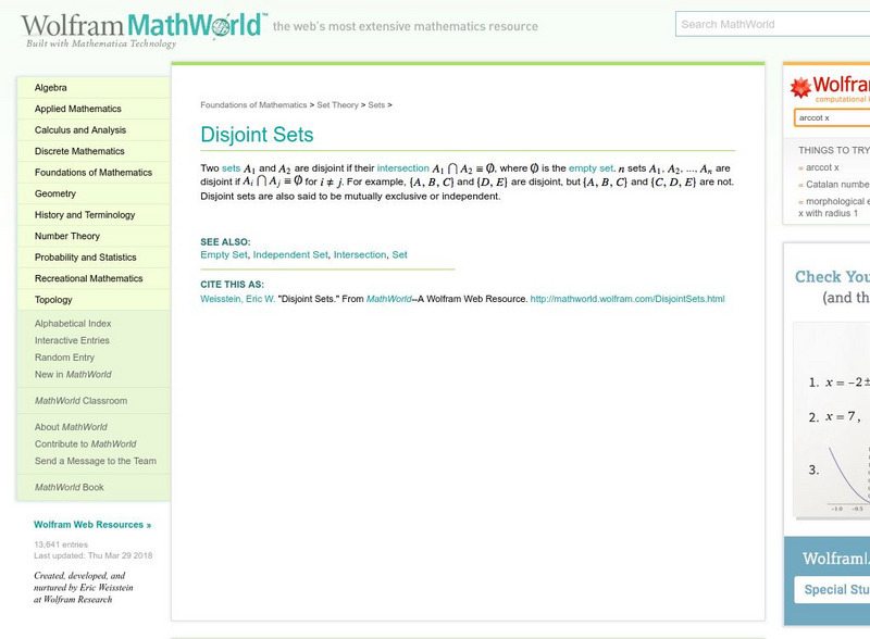 Wolfram Math World: Disjoint Sets Handout