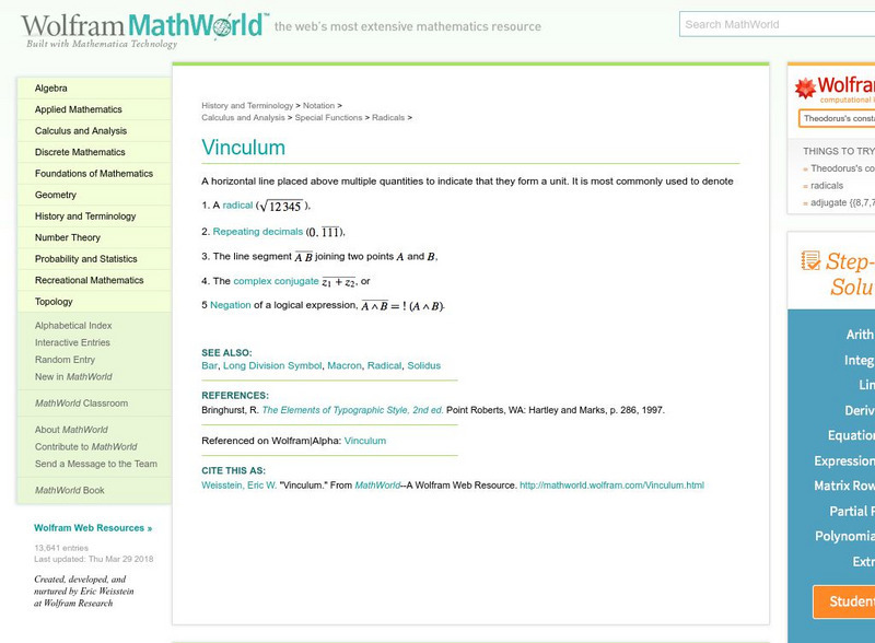 Wolfram Mathworld: Vinculum Handout