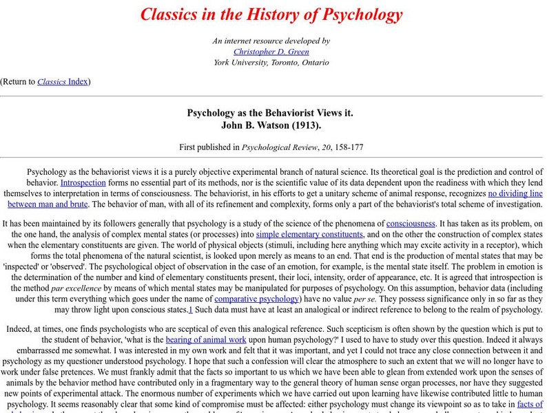 Classics in the History of Psychology: Psychology as the Behaviorist Views It Article Classics in the History of Psychology: Psychology as the Behaviorist Views It Article