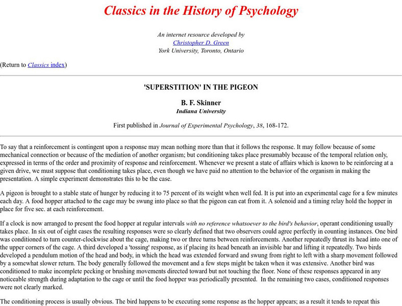 Classics in the History of Psychology: Supersition in the Pigeon: B. F. Skinner Article Classics in the History of Psychology: Supersition in the Pigeon: B. F. Skinner Article