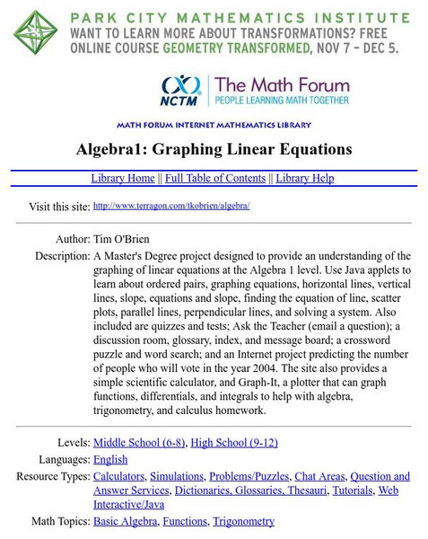 The Math Forum: Graphing Linear Equations Activity The Math Forum: Graphing Linear Equations Activity