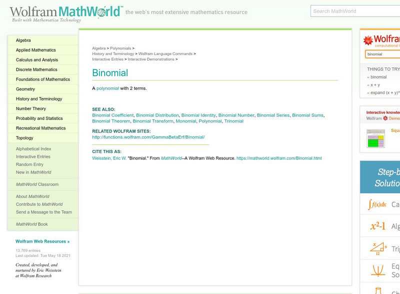 Wolfram Math World: Binomial Handout Wolfram Math World: Binomial Handout