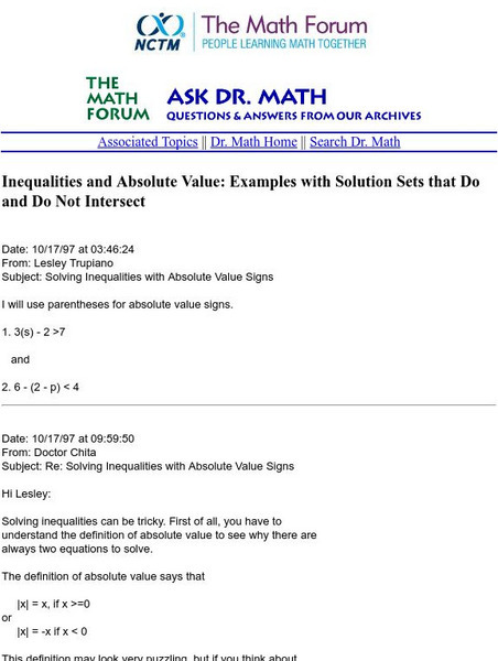 The Math Forum: Ask Dr. Math: Solving Inequalities W/ Absolute Values Activity The Math Forum: Ask Dr. Math: Solving Inequalities W/ Absolute Values Activity