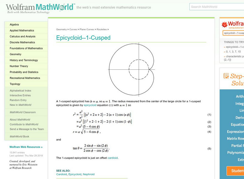 Wolfram Math World: Epicycloid1 Cusped Handout