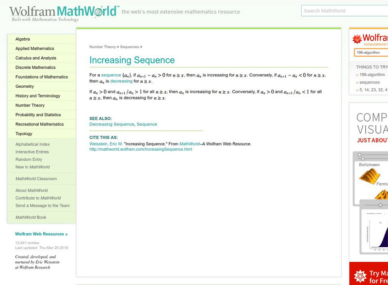 Wolfram Math World: Increasing Sequence Handout Wolfram Math World: Increasing Sequence Handout