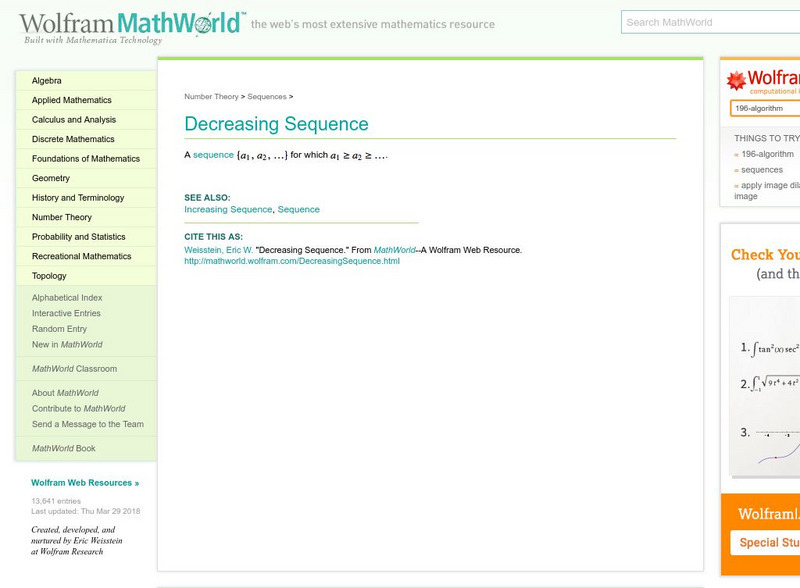 Wolfram Math World: Decreasing Sequence. Handout Wolfram Math World: Decreasing Sequence. Handout