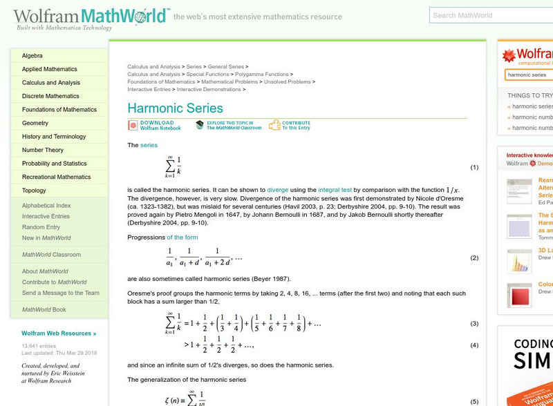 Wolfram Math World: Harmonic Series Handout Wolfram Math World: Harmonic Series Handout