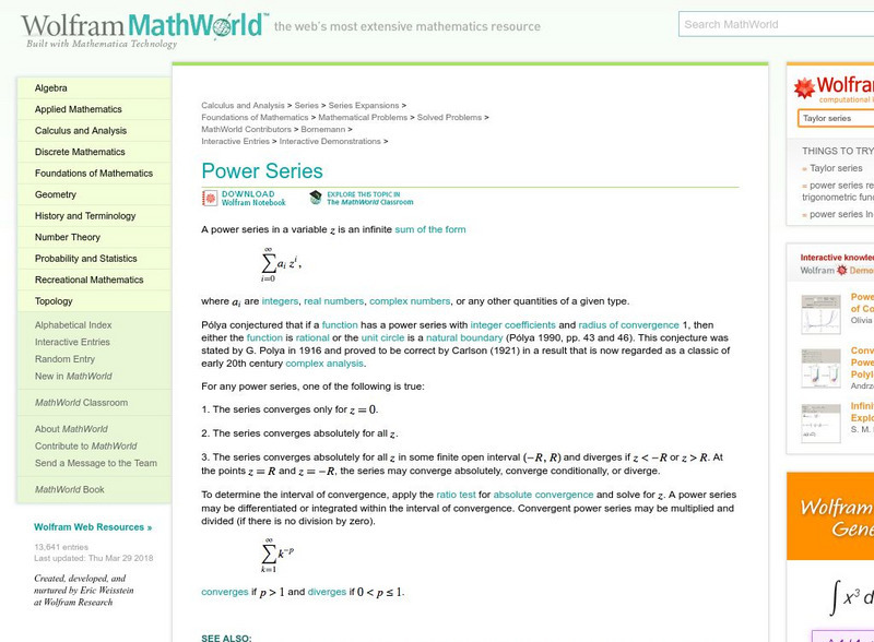Wolfram Math World: Power Series Handout Wolfram Math World: Power Series Handout