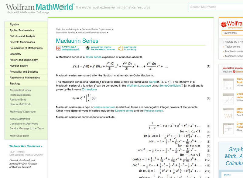 Wolfram Math World: Maclaurin Series Unit Plan Wolfram Math World: Maclaurin Series Unit Plan