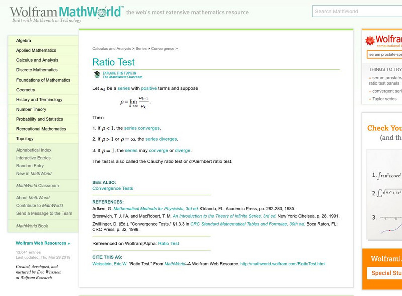 Wolfram Math World: Ratio Test Activity Wolfram Math World: Ratio Test Activity