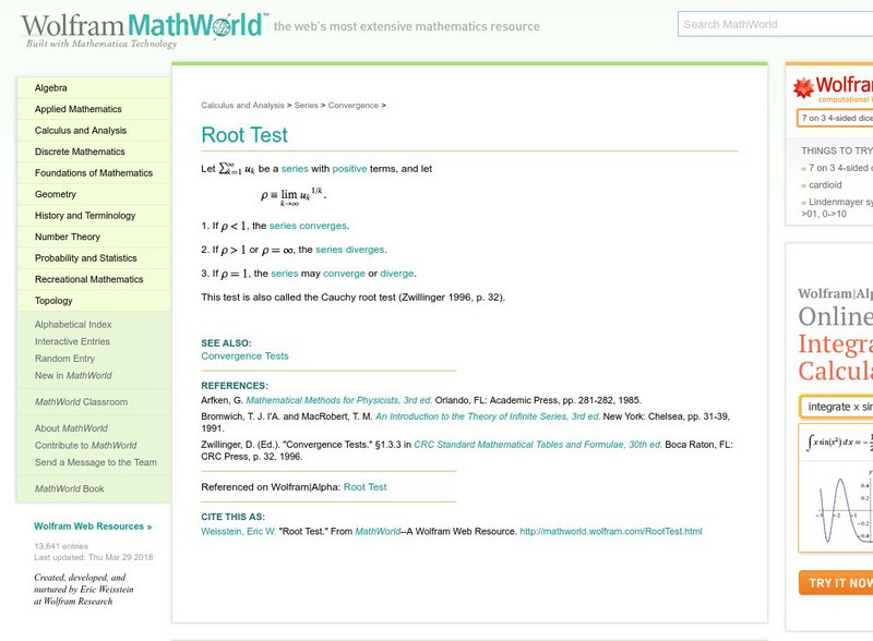 Wolfram Math World: Root Test Handout Wolfram Math World: Root Test Handout