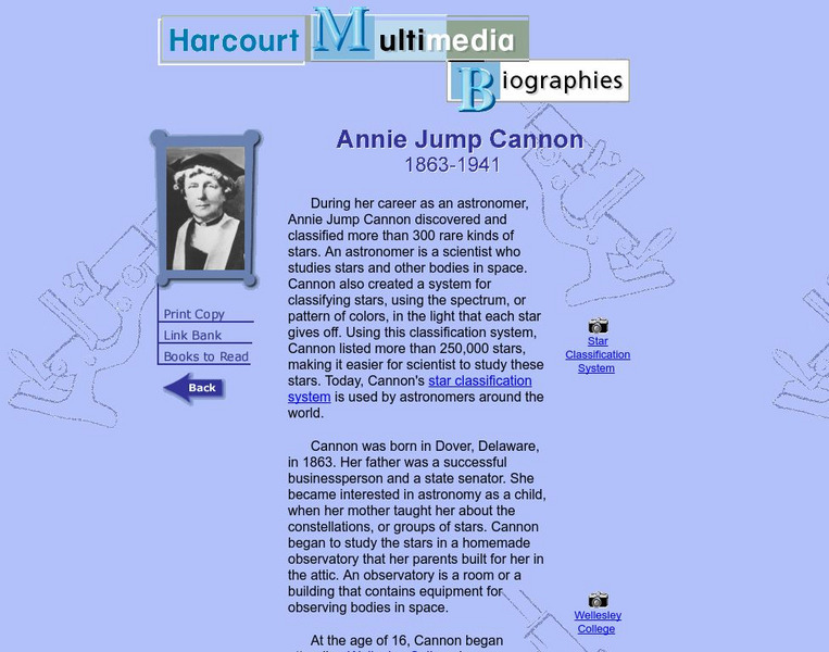 Harcourt: Biographies: Annie Jump Cannon Website