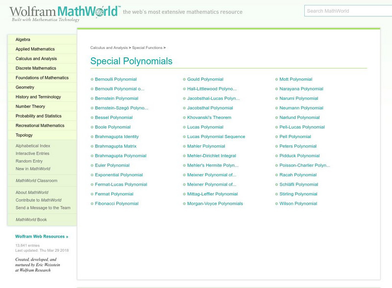 Wolfram Math World: Special Polynomials Activity Wolfram Math World: Special Polynomials Activity