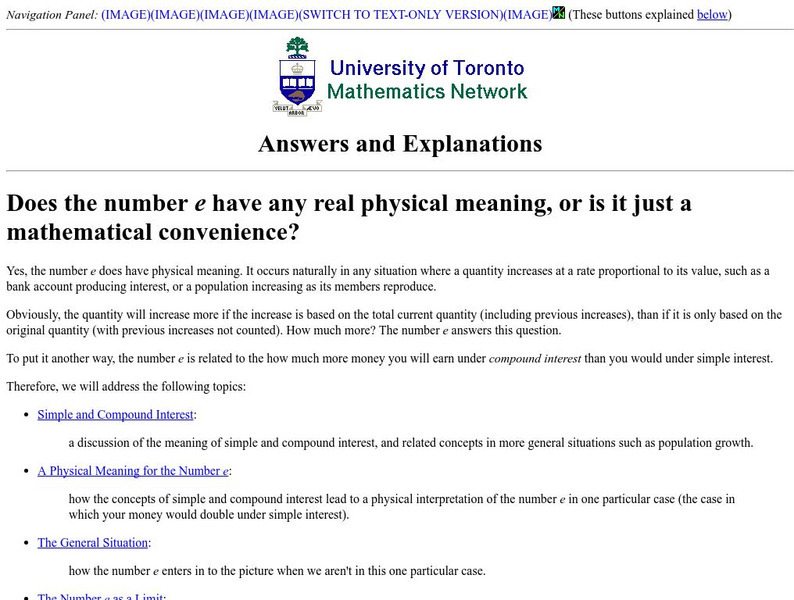 U. Of Toronto: Does the Number E Have Real Physical Meaning? Activity U. Of Toronto: Does the Number E Have Real Physical Meaning? Activity