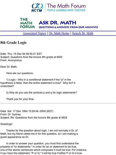The Math Forum: Ask Dr. Math: 8th Grade Logic Website The Math Forum: Ask Dr. Math: 8th Grade Logic Website