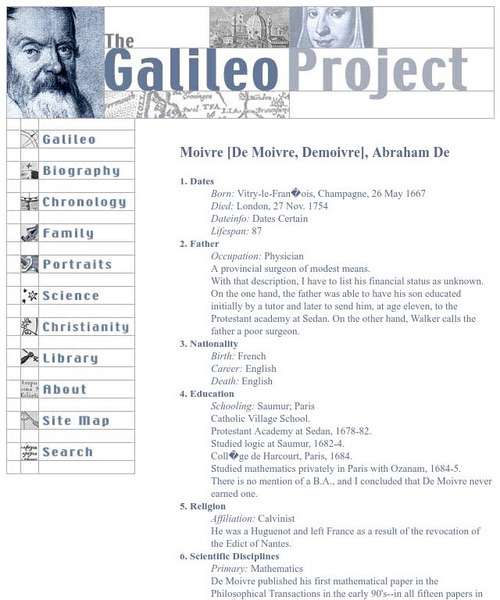 Galileo Project: Abraham De Moivre Handout Galileo Project: Abraham De Moivre Handout