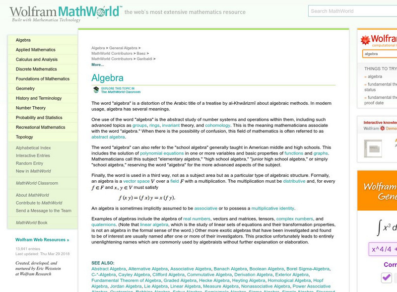Wolfram Math World: Algebra Website Wolfram Math World: Algebra Website