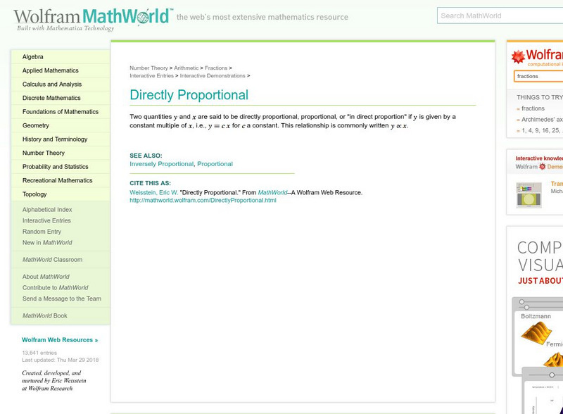 Wolfram Math World: Direct Proportion Handout Wolfram Math World: Direct Proportion Handout