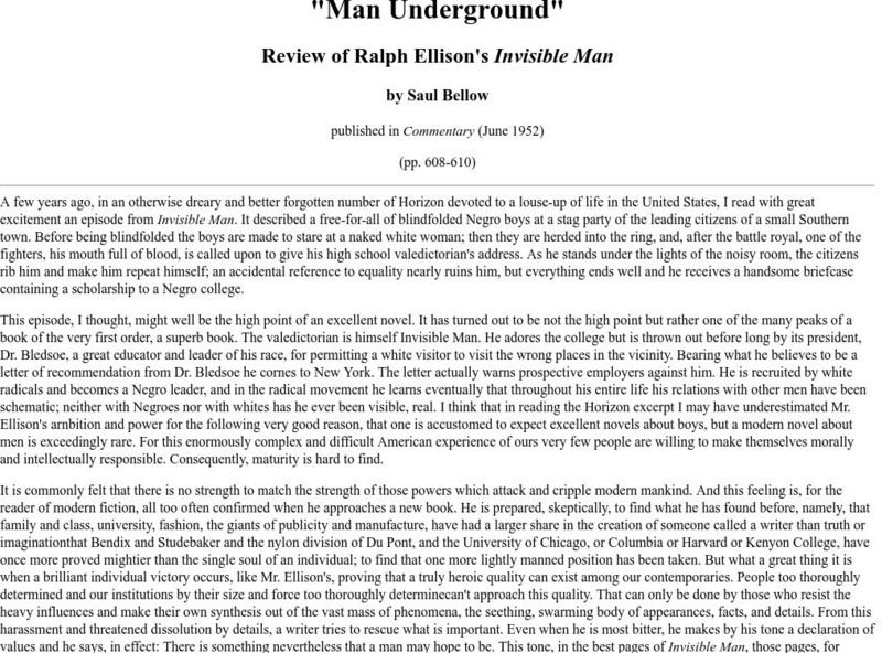 Up:"man Underground" Review of Ellison's "Invisible Man" Website Up:"man Underground" Review of Ellison's "Invisible Man" Website