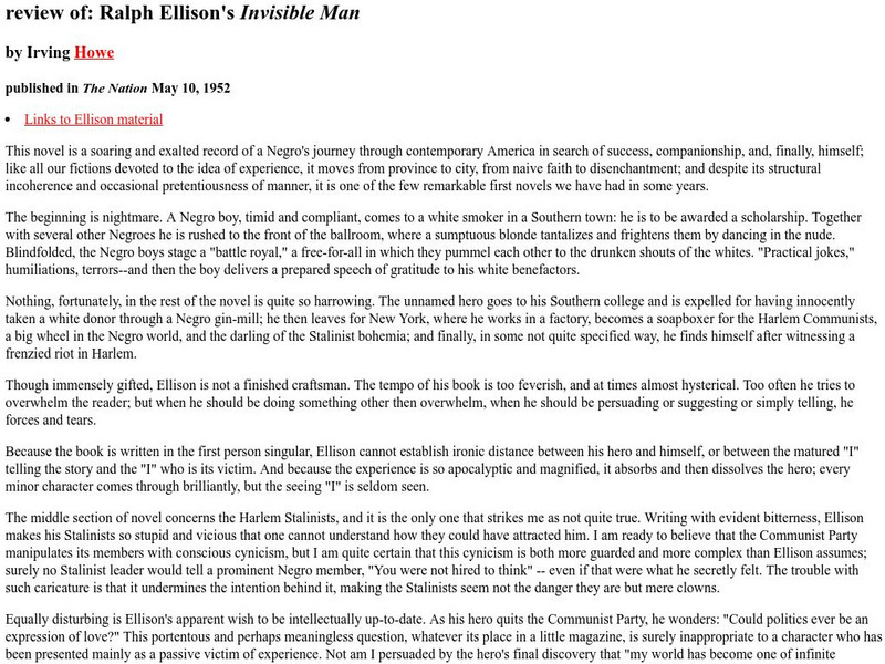 U Penn: Review of Ralph Ellison's "Invisible Man" Website U Penn: Review of Ralph Ellison's "Invisible Man" Website