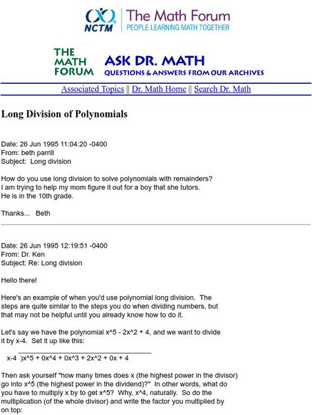 The Math Forum: Ask Dr. Math: Long Division of Polynomials Activity The Math Forum: Ask Dr. Math: Long Division of Polynomials Activity